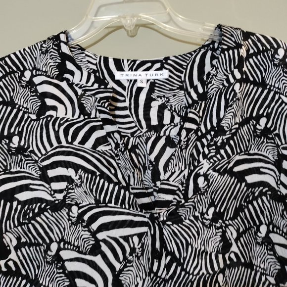 Trina Turk Black White Zebra Sheer Silk 3/4 Sleeve Tunic Top Size Small - Picture 4 of 6